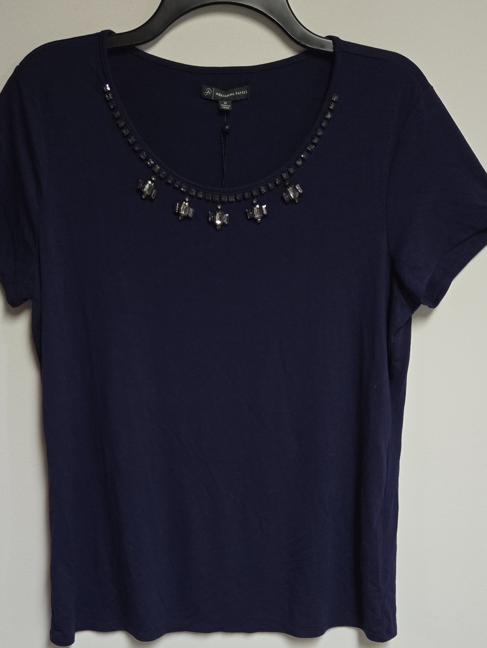 Adrianna Papell Navy Short Sleeve Tee with Beaded Jewel Neckline